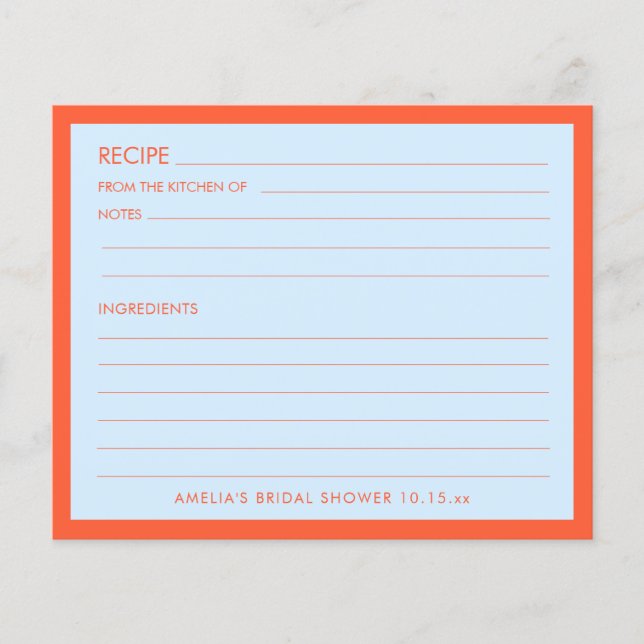 Blue Orange Personalized Bridal Shower Recipe Card (Front)