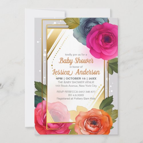 Blue Orange Pink Floral Baby Shower Gold Frame Invitation