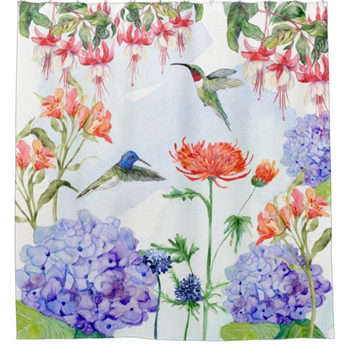 Blue Orange Pink Floral Garden Watercolor Birds Shower Curtain