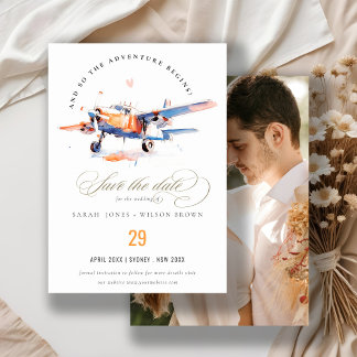 Blue Orange Pink Watercolor Airplane Photo Wedding Save The Date