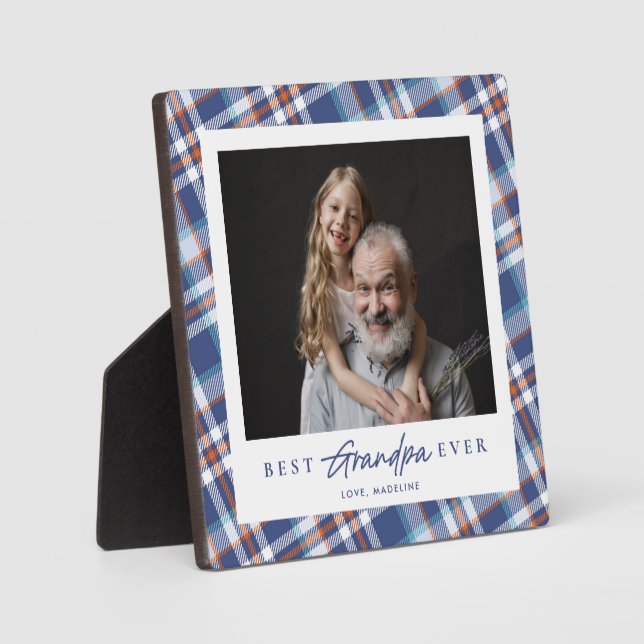 Blue Orange Plaid Best Grandpa Ever Plaque (Front)