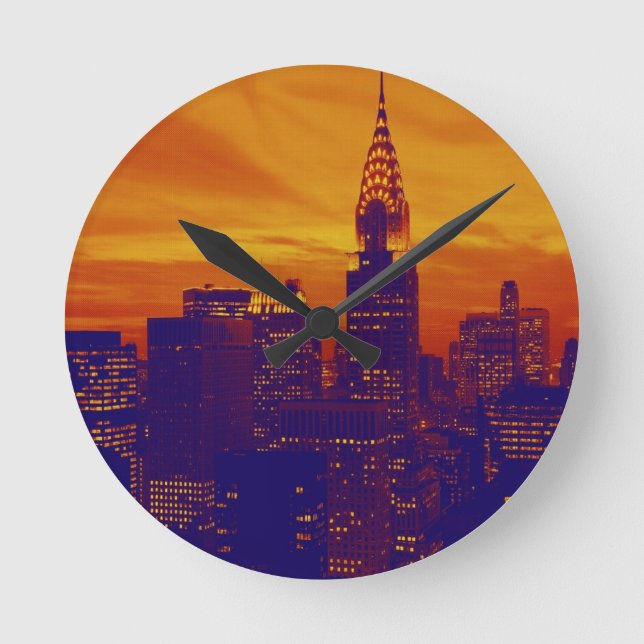 Blue Orange Pop Art New York City Round Clock (Front)