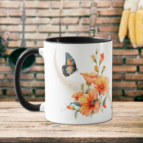 Blue Orange Poppy Floral Butterfly Mug