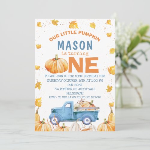 Blue Orange Pumpkin Truck 1st Birthday  Invitation