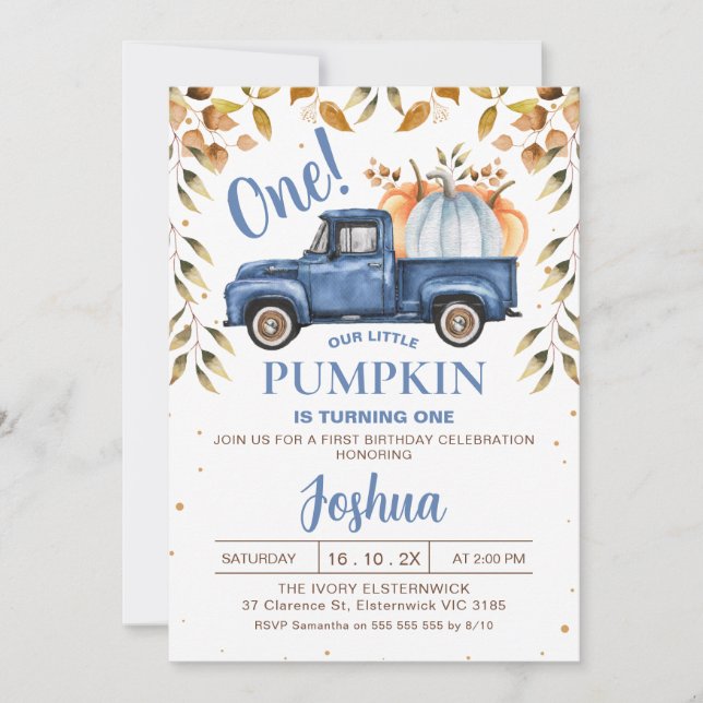 Blue Orange Pumpkin Truck Foliage 1st Birthday  Invitation (Front)