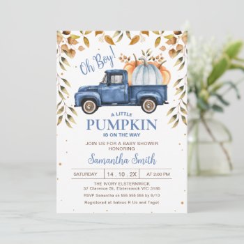 Blue Orange Pumpkin Truck Foliage Baby Shower Invitation by figtreedesign at Zazzle