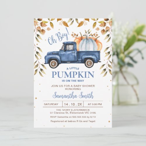 Blue Orange Pumpkin Truck Foliage Baby Shower Invitation