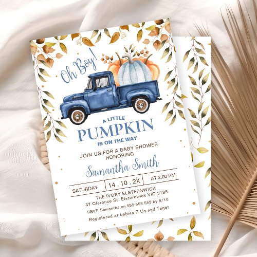 Blue Orange Pumpkin Truck Foliage Baby Shower Invitation