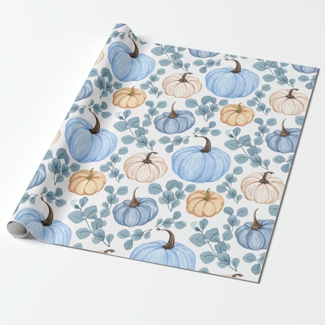 Blue & Orange Pumpkins and Eucalyptus Leaves  Wrapping Paper (Unrolled)
