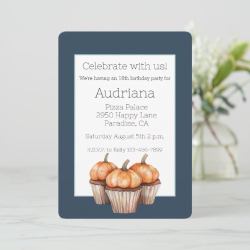 Blue Orange Pumpkins Cupcakes Birthday  Invitation