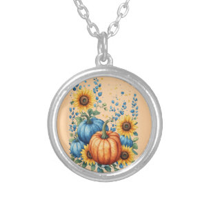 Blue & Orange Pumpkins & Sunflowers Silver Plated Necklace