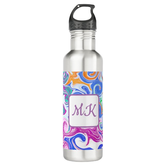 Blue, Orange, Purple and Teal Fluid Art Stainless Steel Water Bottle (Front)