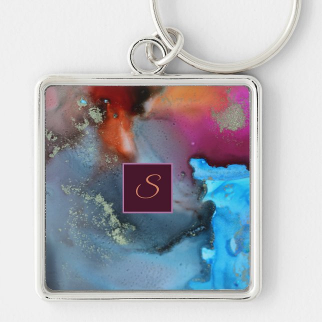 Blue Orange Red Abstract Waves Monogram Keychain (Front)