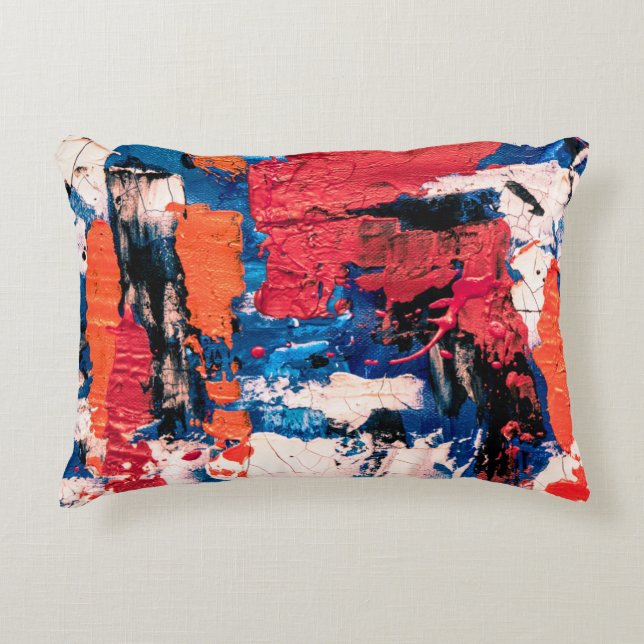 Blue, orange, red, and black painting accent pillow (Front)