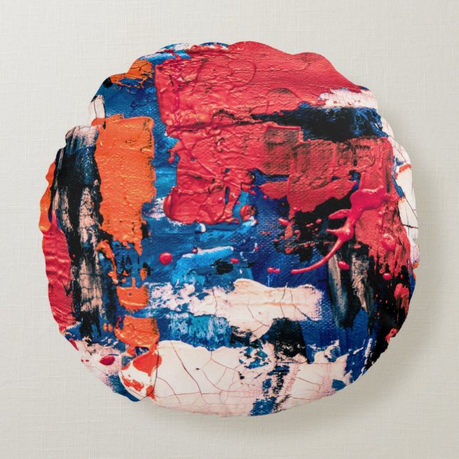 Blue, orange, red, and black painting round pillow (Front)