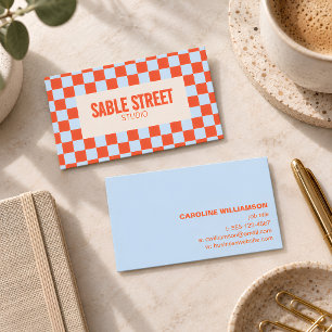 Blue Orange Retro Checkerboard Bold Creative Brand Business Card