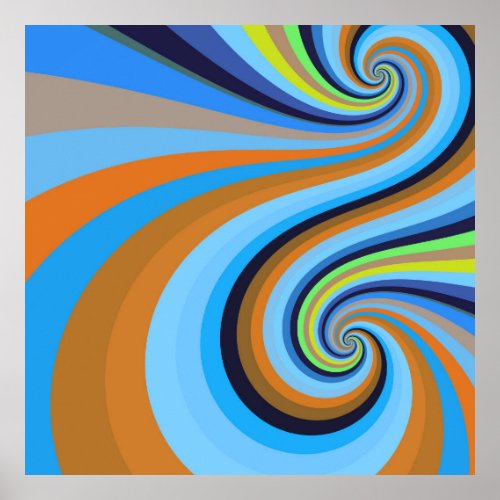 Blue Orange Retro Dizzy Vortex Spiral Swirls Poster