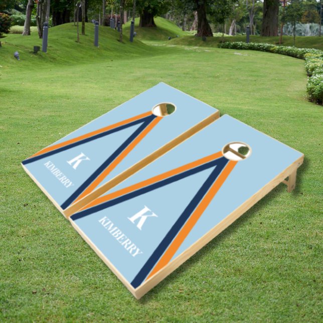 Blue Orange Retro Stripes Monogram Family Name Cornhole Set (Blue Orange Retro Stripes Monogram Family Name Cornhole Set)