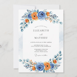 Blue Orange Romantic Bloom Wedding Invitation