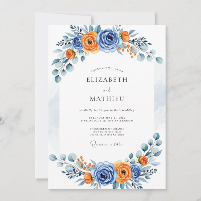 Blue Orange Romantic Bloom Wedding Invitation (Front)