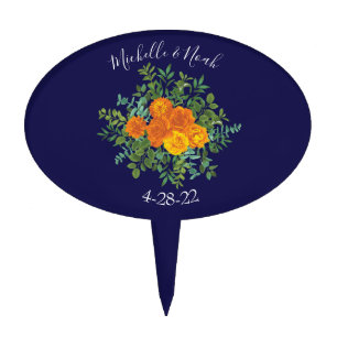 Blue & Orange Rose Floral Modern Wedding Cake Topper