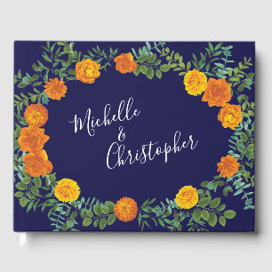 Blue & Orange Rose Floral Modern Wedding Guest Book