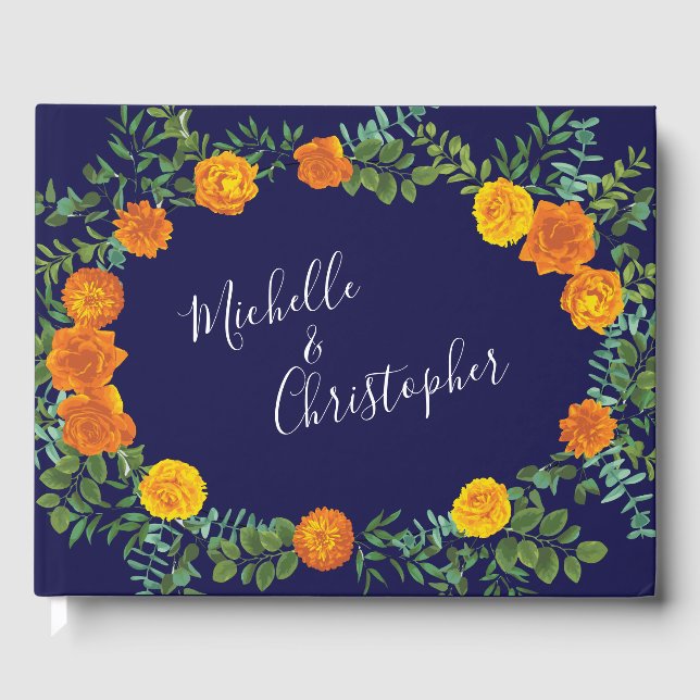 Blue & Orange Rose Floral Modern Wedding Guest Book (Front)