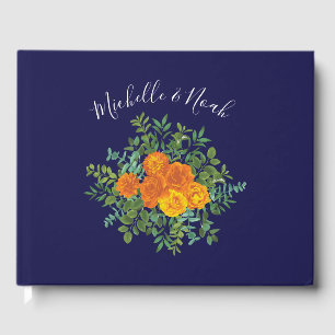 Blue & Orange Rose Floral Modern Wedding Guest Book