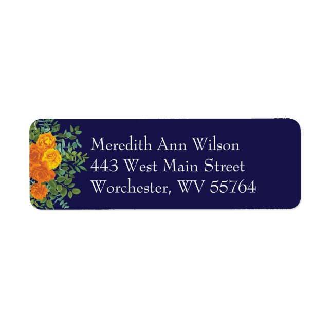 Blue & Orange Rose Floral Modern Wedding Label (Front)