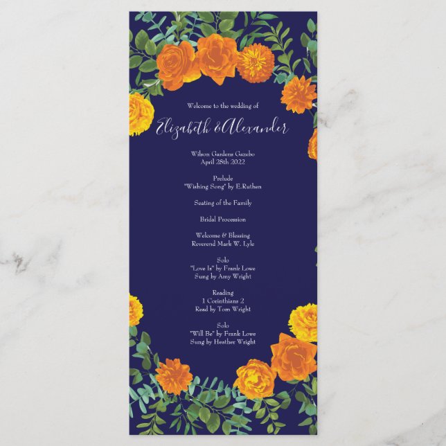 Blue & Orange Rose Floral Modern Wedding Menu (Front)