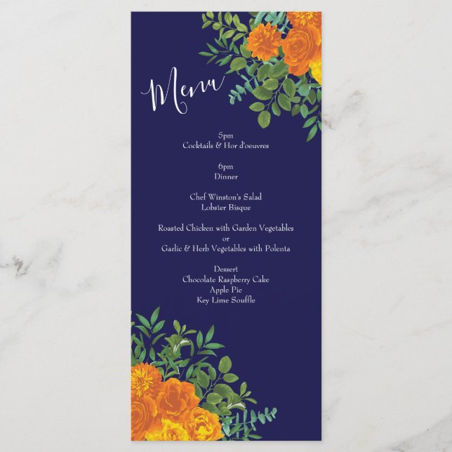 Blue & Orange Rose Floral Modern Wedding Menu (Front)