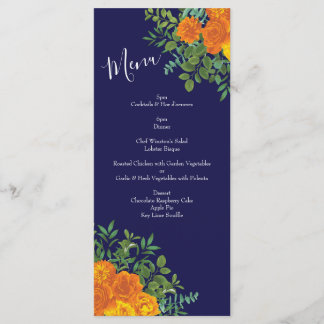 Blue & Orange Rose Floral Modern Wedding Menu
