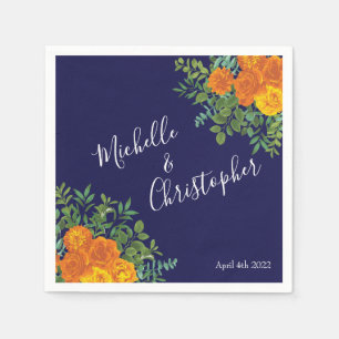 Blue & Orange Rose Floral Modern Wedding Napkins