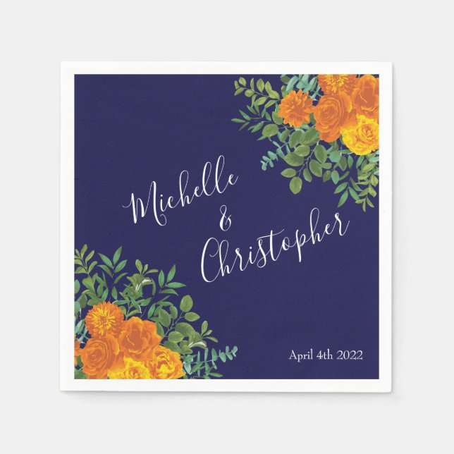 Blue & Orange Rose Floral Modern Wedding Napkins (Front)