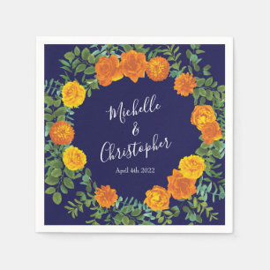 Blue & Orange Rose Floral Modern Wedding Napkins