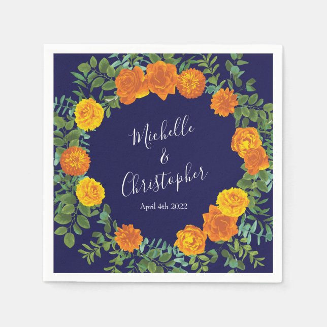 Blue & Orange Rose Floral Modern Wedding Napkins (Front)