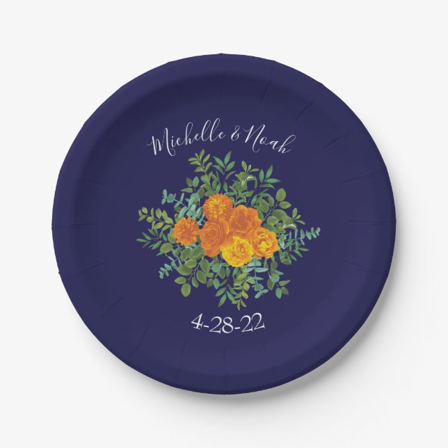 Blue & Orange Rose Floral Modern Wedding Paper Plates (Front)