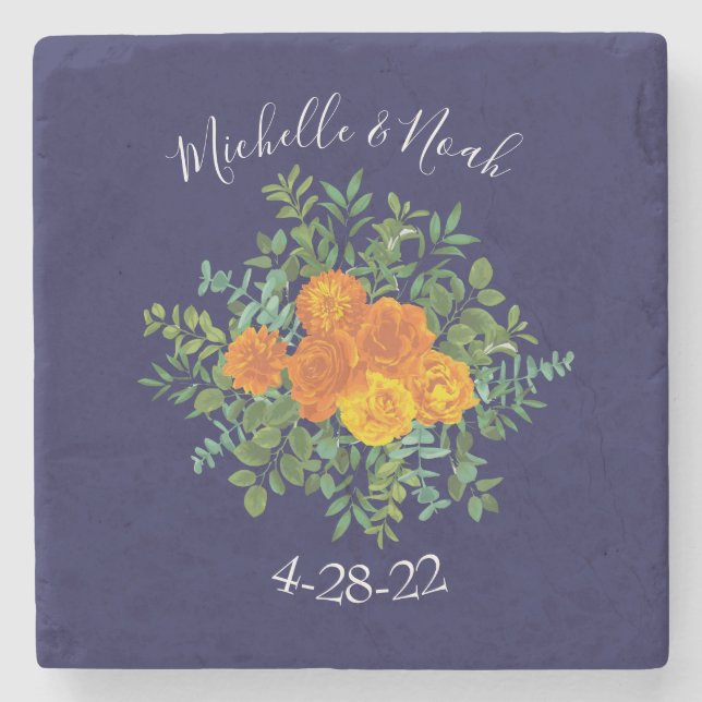 Blue & Orange Rose Floral Modern Wedding Stone Coaster (Front)