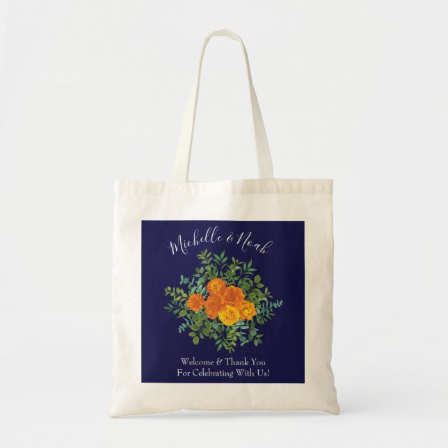 Blue & Orange Rose Floral Modern Wedding Tote Bag (Front)
