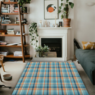 Blue & Orange Rustic Farmhouse Plaid Area Rug