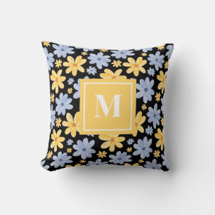 Blue Orange Rustic Flower Monogram Black Throw Pillow