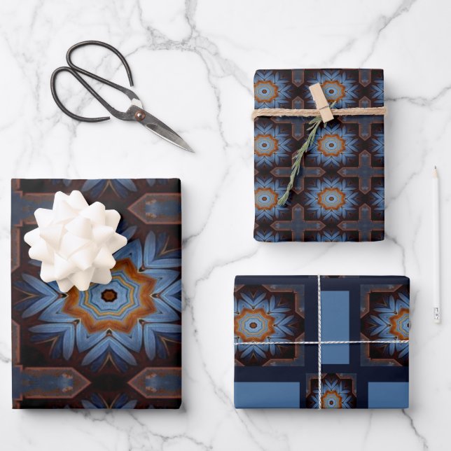 Blue Orange Rustic Star Pattern No1 Wrapping Paper Sheets (Front)