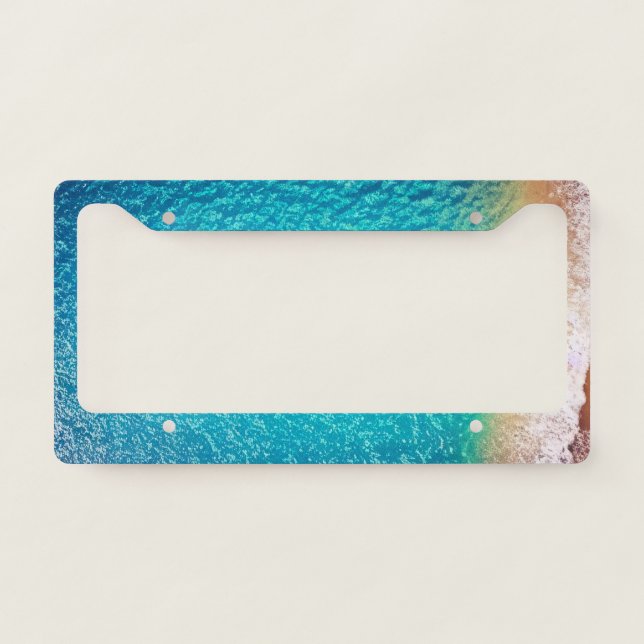 blue orange sand beach ocean wave license plate frame (Front)