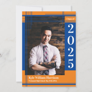 Blue Orange School Color Graduation Photo Plaid Invitation