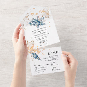 Blue orange seashell watercolor tropical island all in one invitation