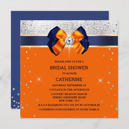 Blue orange silver glitter bow elegant sparkle invitation