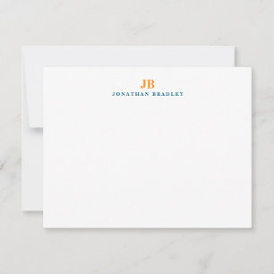 Blue & Orange Simple Modern Minimalist Monogram Note Card