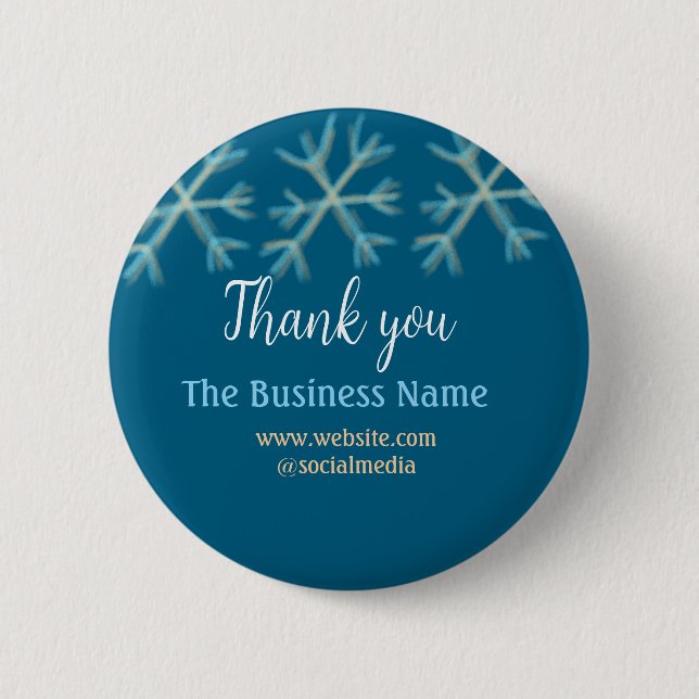 Blue orange snowflakes add business name christmas button (Front)