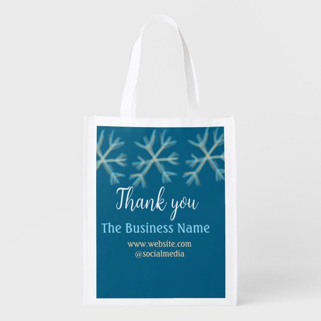 Blue orange snowflakes add business name christmas grocery bag (Front)