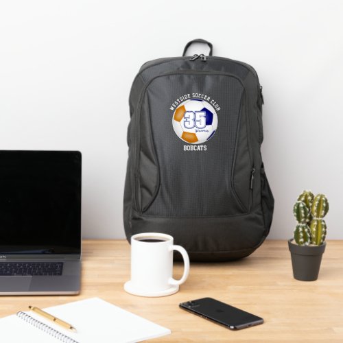 blue orange soccer ball with player team name port authority backpack